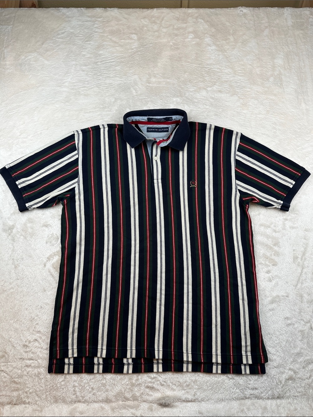Tommy Hilfiger Size M Navy, Cream & Red Striped Polo Shirt | Formal | Business